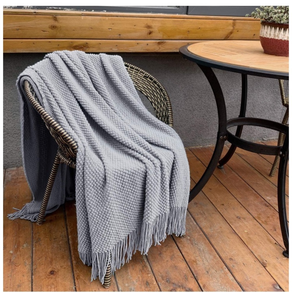 Light Grey Boho Tassel Chunky Knit Dorm/Living/Bedroom Cozy Casual Throw Blanket - Picture 7 of 16